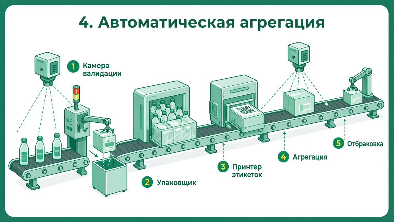 Схема: автоматическая агрегация — валидация, упаковка, аппликация, вторая камера закрывает агрегат